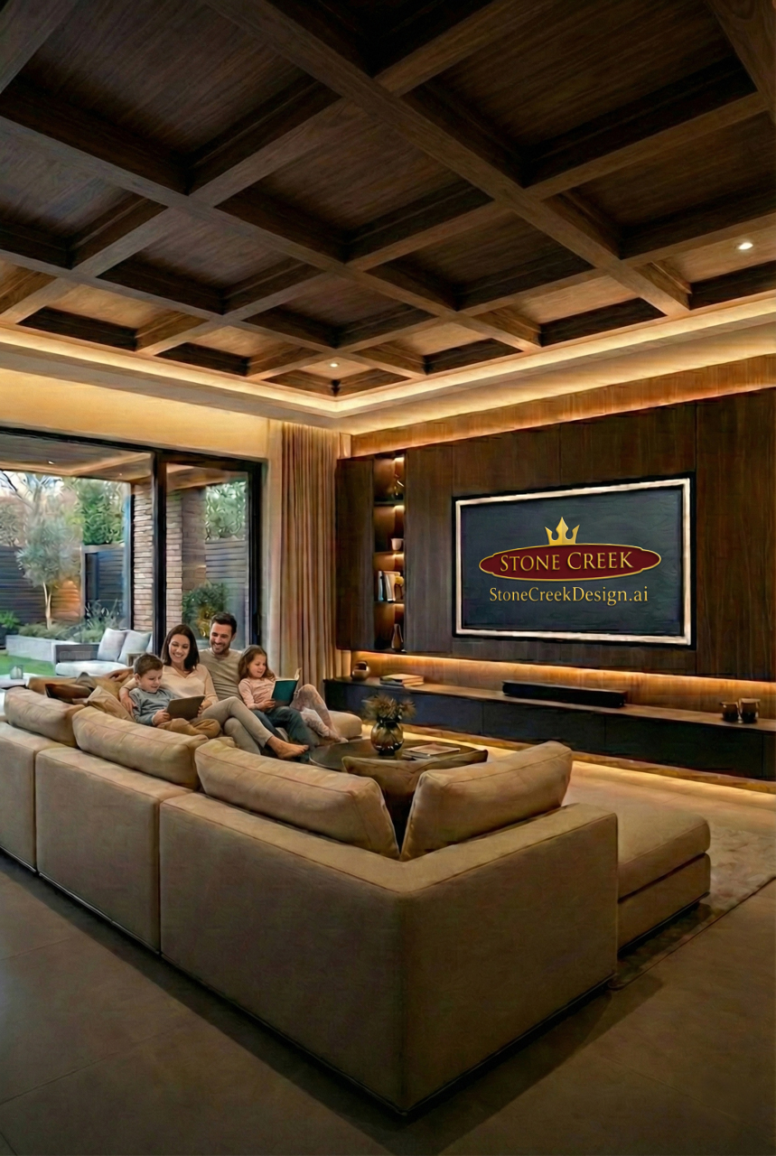 Family sitting on a beige sectional sofa in a modern living room with a large television and wooden ceiling design.