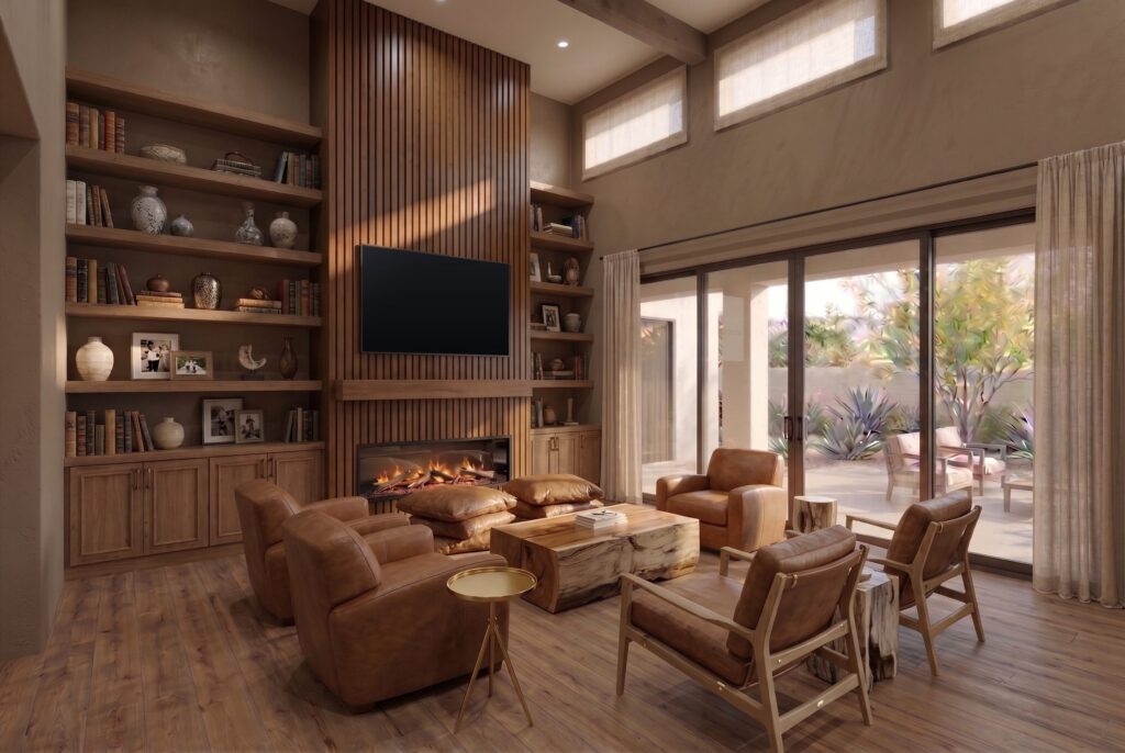 A vertical wood slat fireplace wall with a TV over a linear fireplace, flanked by built-in bookshelves.