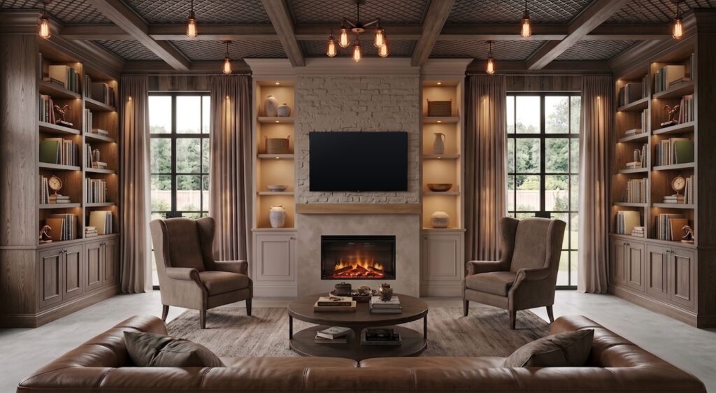 A fireplace wall with a TV, cream lit niches over cabinets and floor-to-ceiling gray-brown bookcases.