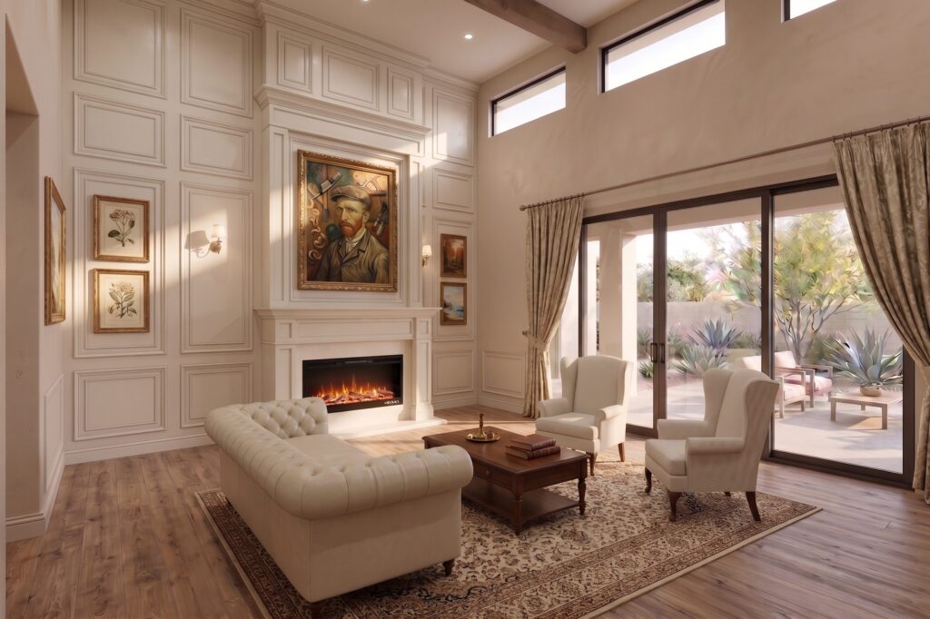 A cream paneled fireplace wall with an electric fireplace insert, a portrait above and a tufted sofa in front.