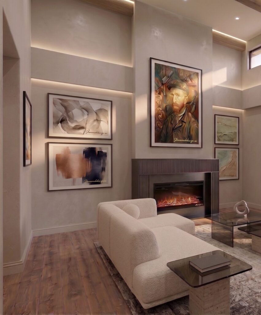A dark fluted surround around an electric fireplace insert in a tall plaster wall, with a cream sofa in front.