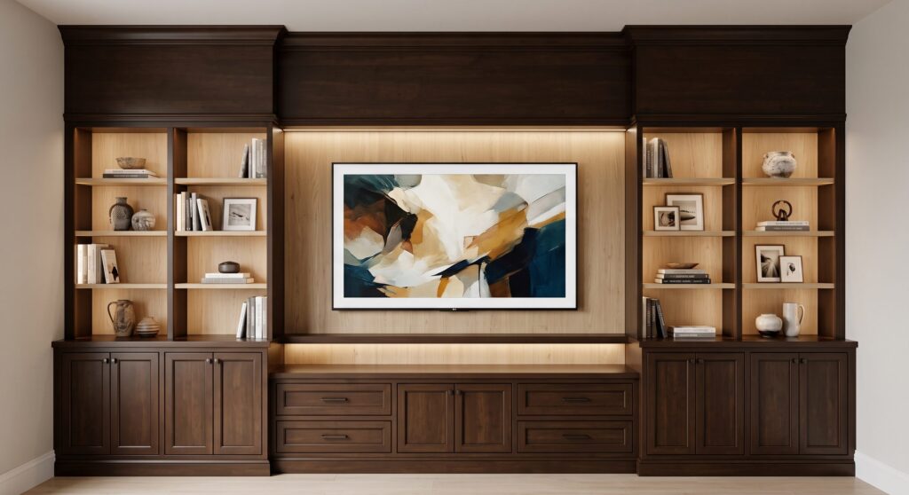 A dark-stained media wall with crown molding, open bookcases on each side and base cabinets with drawers below.