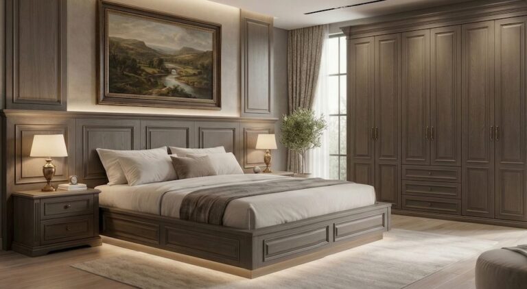 A gray-brown raised-panel platform bed and matching paneled wall, with a nightstand and a six-door wardrobe.