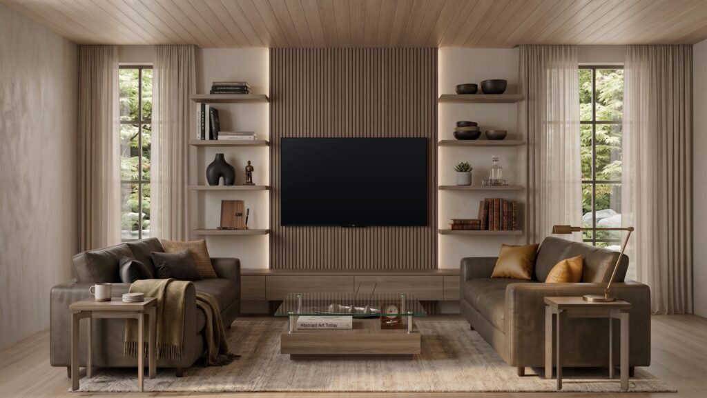 A wood slat media wall with a TV over a low console and LED-lit floating shelves in niches on each side.