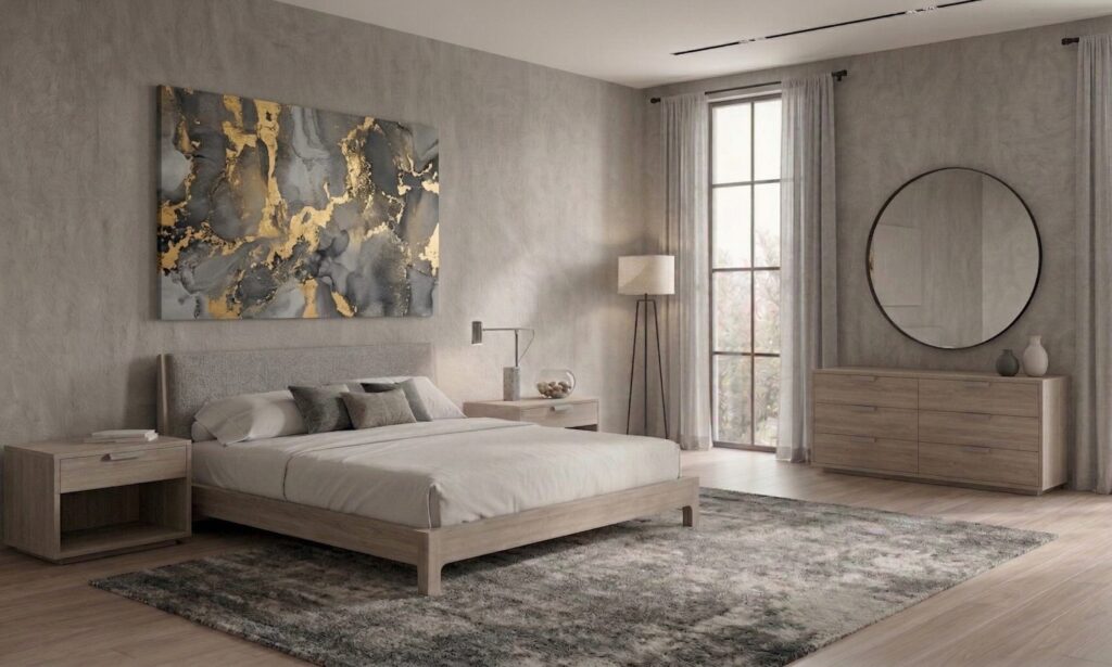 A low gray-washed platform bed with an upholstered headboard, matching nightstands and a six-drawer dresser.