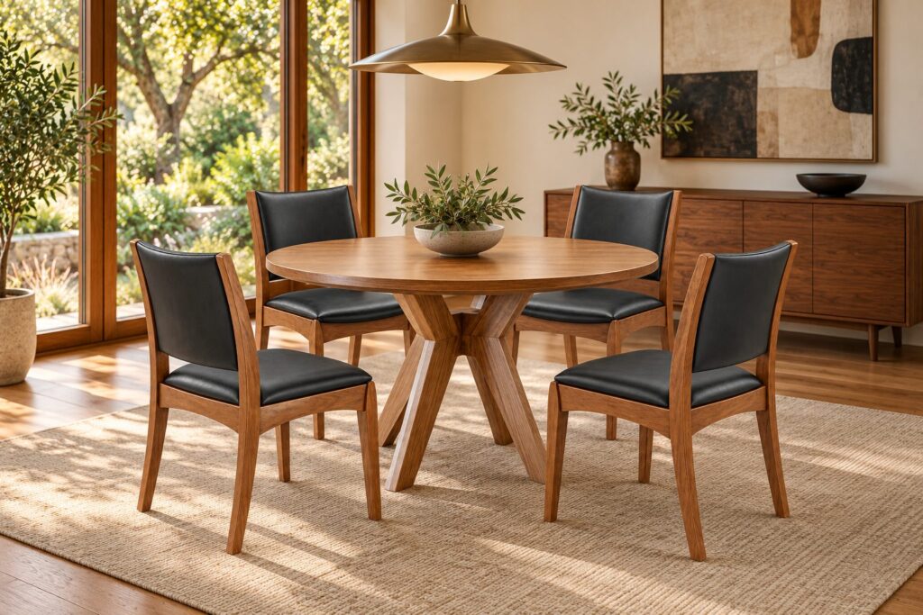 Mid-century modern walnut dining chairs with black leather seats and backs around a round walnut dining table.