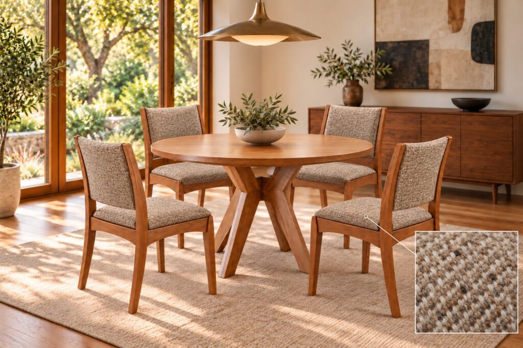 The same mid-century modern walnut dining chairs in beige tweed around a round walnut dining table.