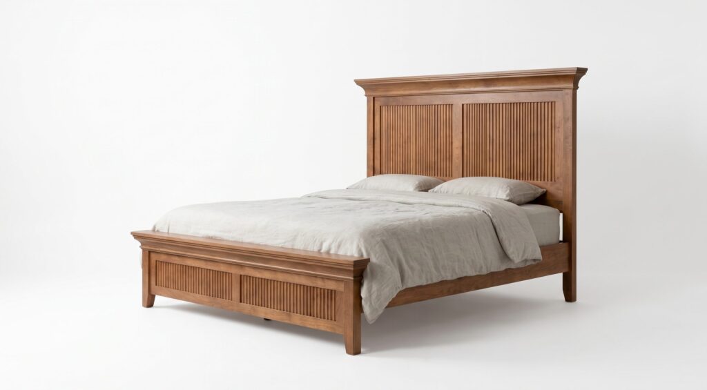 A honey-brown panel bed with reeded headboard and footboard panels, crown-molded caps and tapered legs.