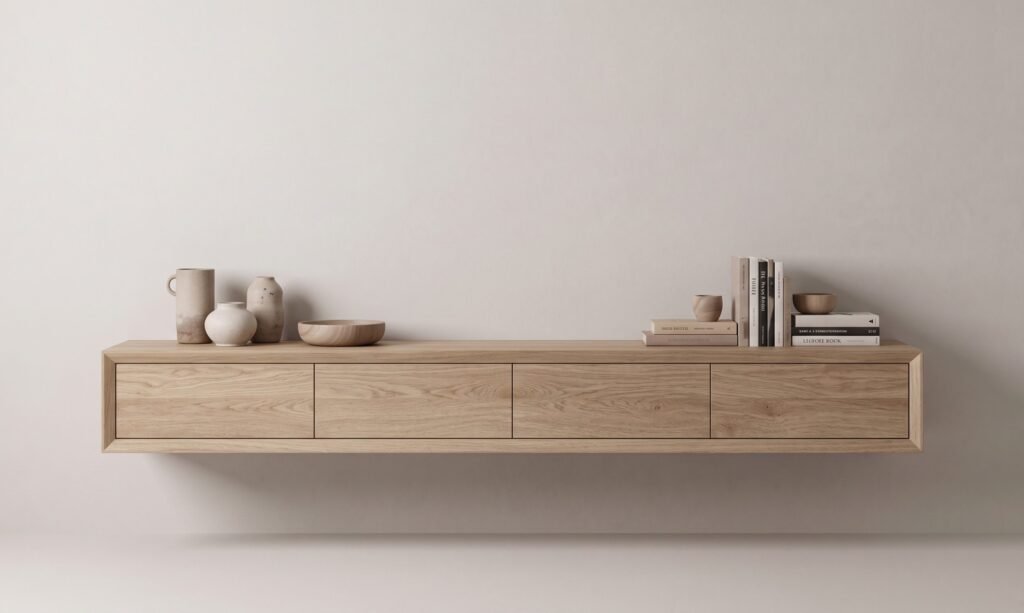 A light oak-tone floating credenza with four flat fronts in a mitered frame, styled with pottery and books.