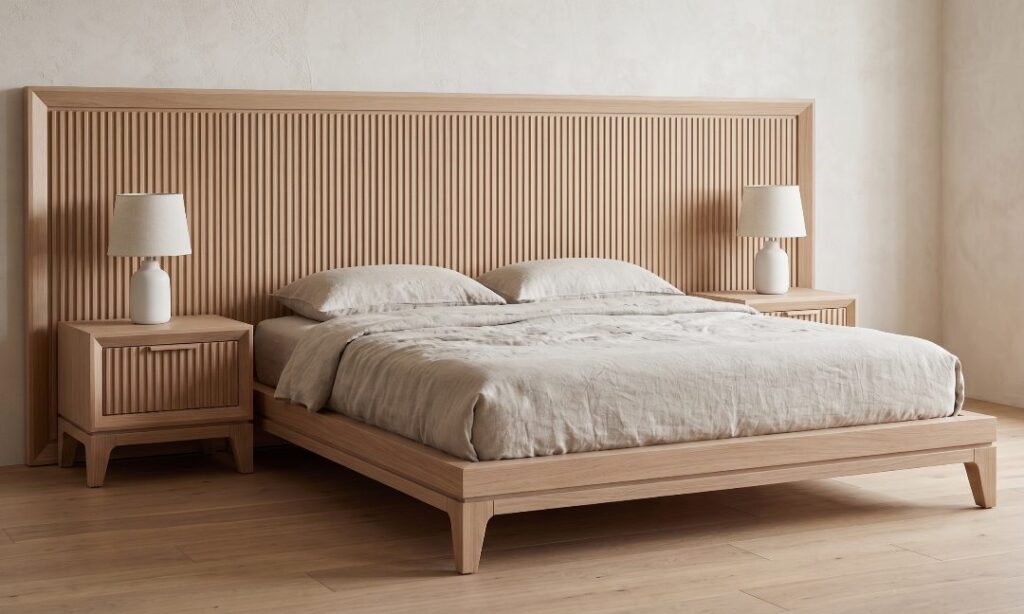 A light oak-tone platform bed on tapered legs against a wide fluted headboard, with fluted-drawer nightstands.