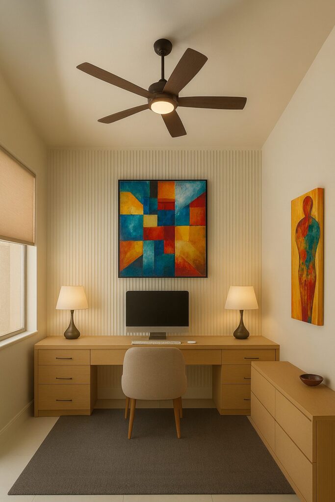 A light oak-tone double-pedestal desk against a cream slat wall, with a matching low chest, in a small office.