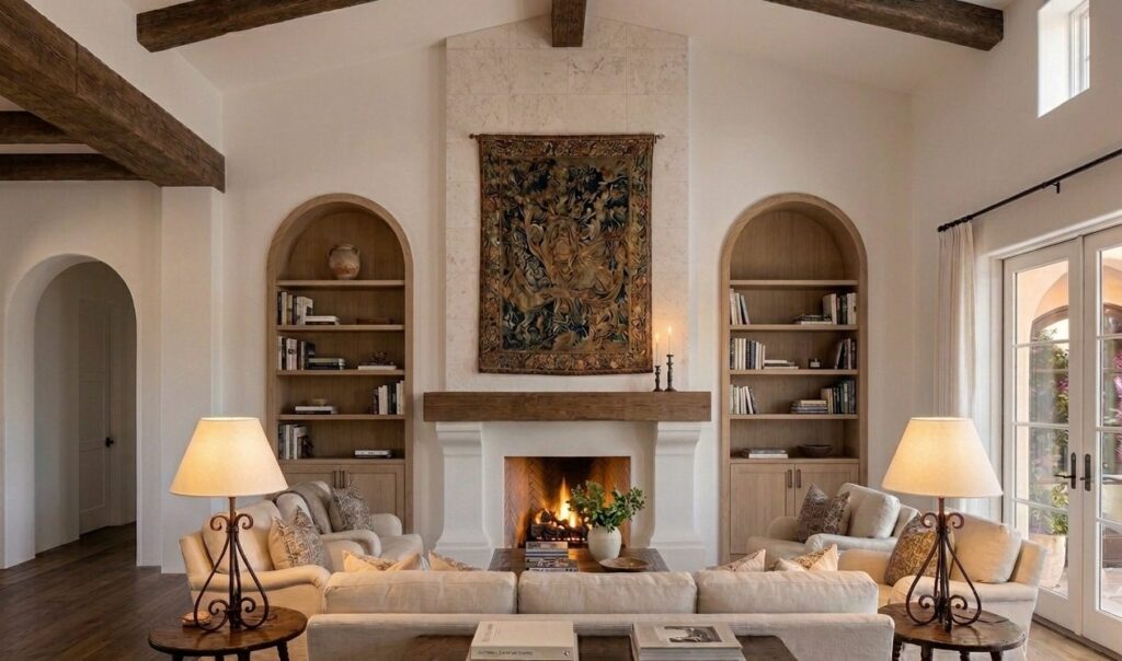 Arched built-in bookcases with lower cabinets on each side of a white plaster fireplace with a beam mantel.