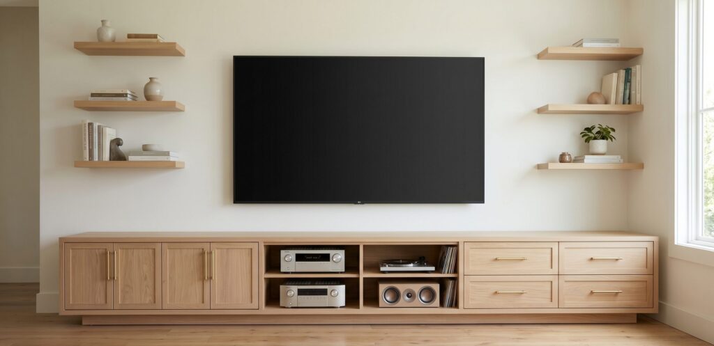 A long, low light-wood media console under a wall-mounted TV, with three floating shelves on each side.