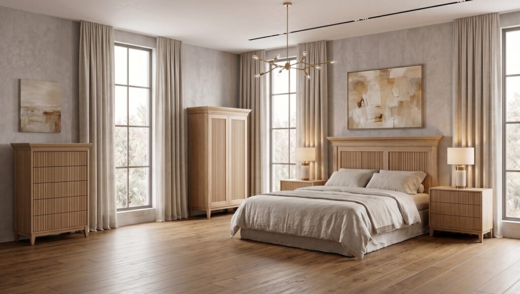 A light wood reeded bedroom set: bed with crown headboard, two nightstands, a tall chest and a wardrobe.