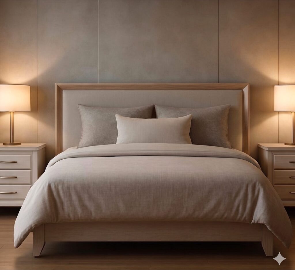 An upholstered bed with a mitered wood frame around the headboard, between two white three-drawer nightstands.