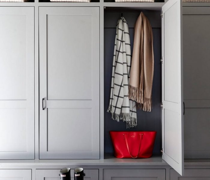 transitional mudroom cabinetry in gray