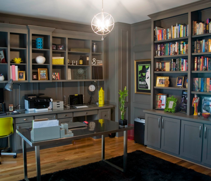 transitional style office builtin desk and bookcase in gray