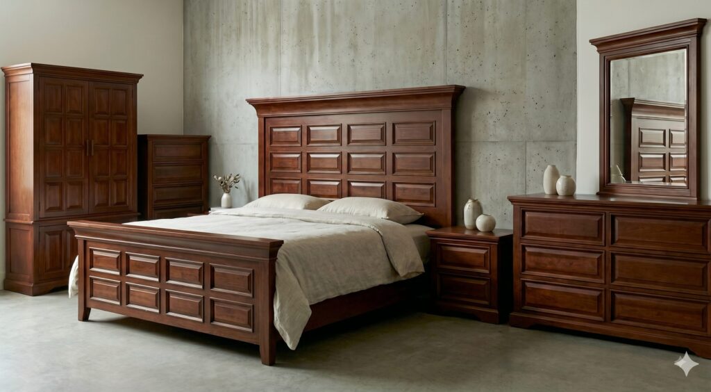 A raised-panel bedroom set in a dark cherry tone: tall headboard and footboard, armoire, chest and dresser.