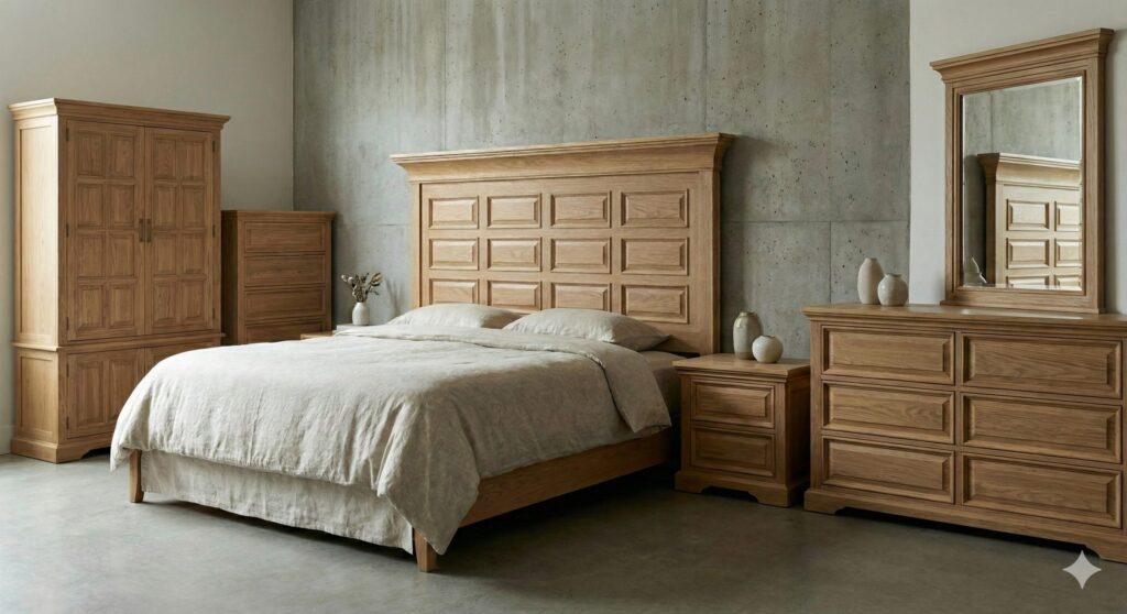 A raised-panel bedroom set in a light oak tone: tall headboard, armoire, chest, nightstand and dresser.
