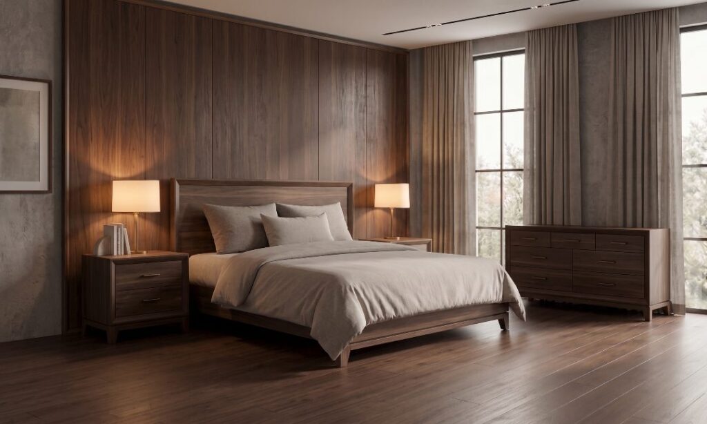 A dark walnut bed, two-drawer nightstands and a seven-drawer dresser in front of full-height wood wall panels.