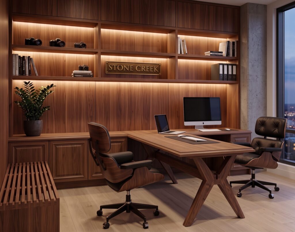 A walnut home office: lit open shelves, raised-panel base cabinets and an L-shaped desk on X-shaped legs.