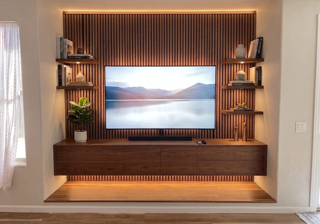 A walnut floating media console under a TV on a wood slat wall, with lit floating shelves on each side.