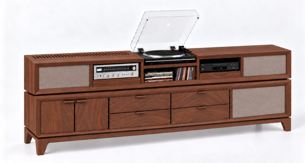 A walnut media console on legs, with a turntable, receiver, records, disc player, drawers and fabric grilles.