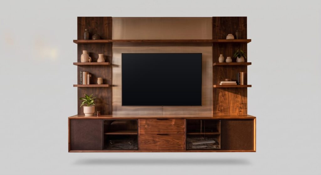 A 10 ft black walnut media wall: a TV on a bronze-tone panel, floating shelves each side, a floating console.