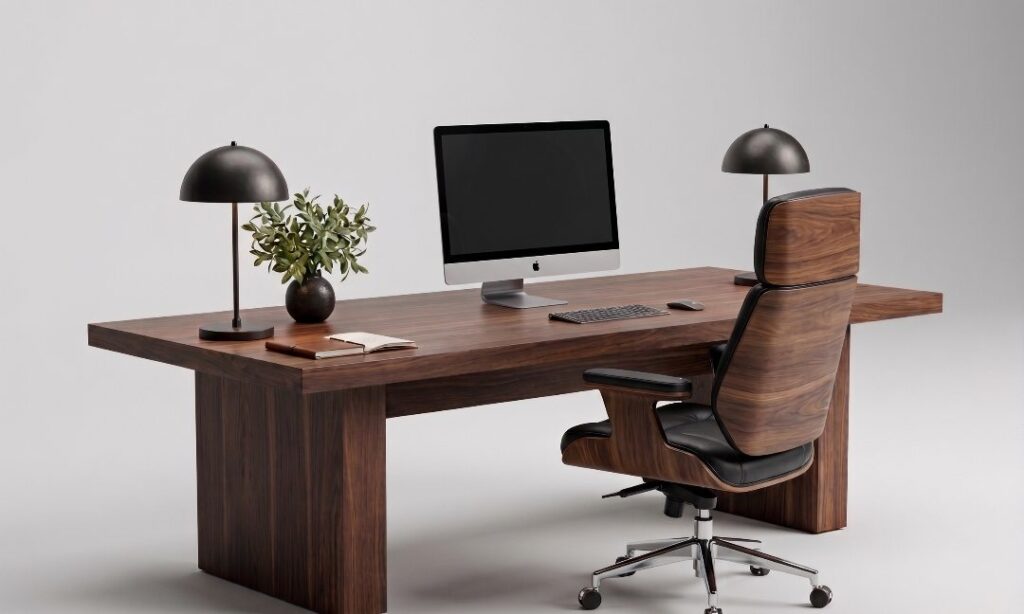 A walnut desk with a thick top on slab panel legs, with dome lamps, a computer and a leather swivel chair.