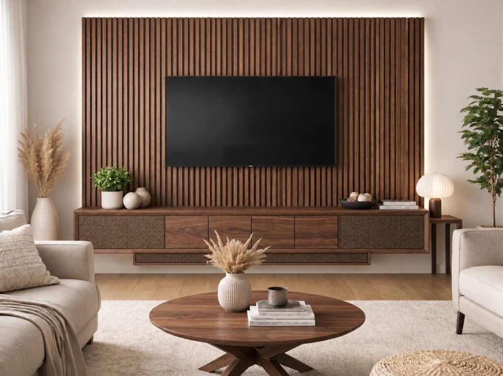 A backlit walnut slat media wall over a floating console with woven grille ends and a slim soundbar box below.