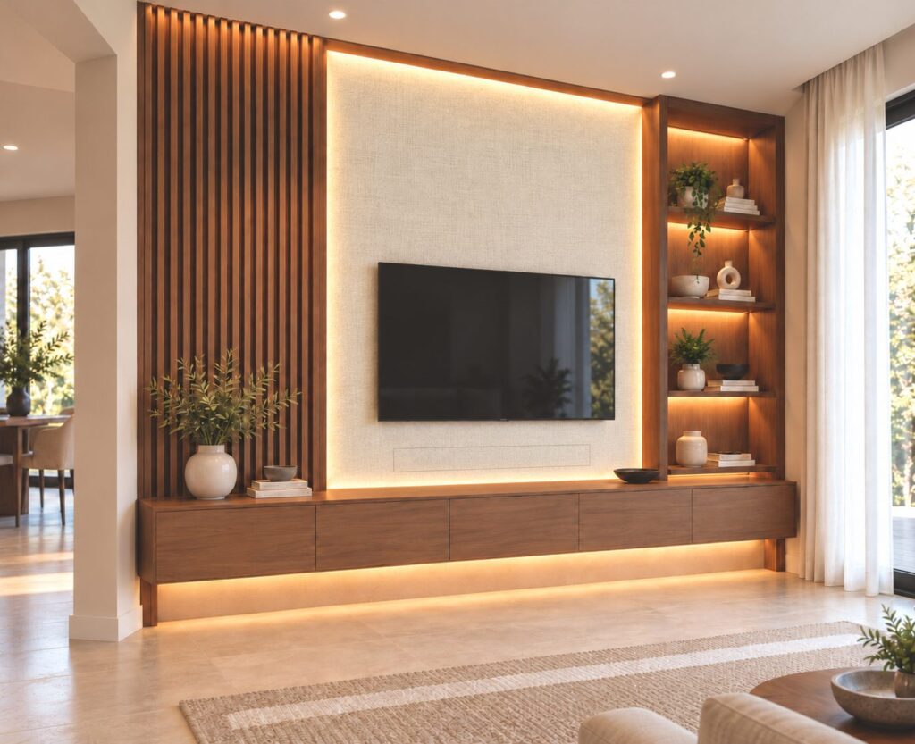 A walnut-tone slat media wall with a backlit TV panel, hidden soundbar panel, lit shelves and a long cabinet.