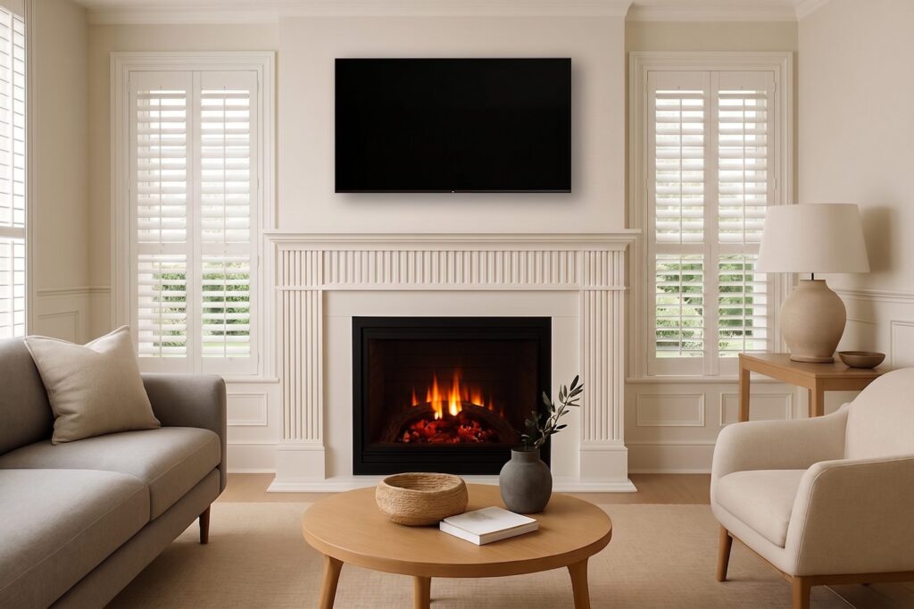 A white fluted fireplace mantel around a black firebox, with a TV on the wall above and shuttered windows.