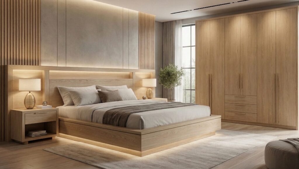 A white oak floating platform bed, a lit headboard wall with wood slats and a six-door wardrobe.