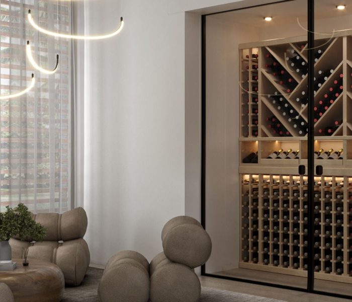 custom-wine-room-cellar-wall-light-wood-finish-glass-door