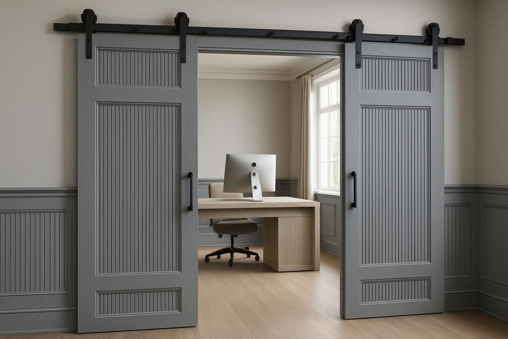 Gray sliding barn doors with vertical paneling opening to a modern office space with a computer.