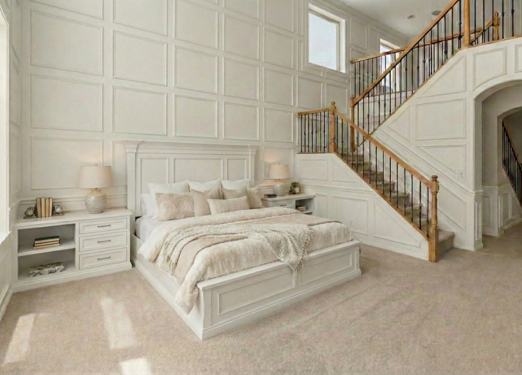 Primary bedroom after renovation with custom paneled wall, built-in nightstands and storage, upgraded staircase railing, and warm neutral finishes.
