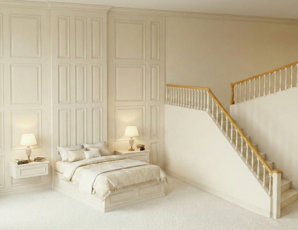 Primary bedroom before renovation with simple platform bed, floating nightstands, and plain staircase wall in neutral tones.