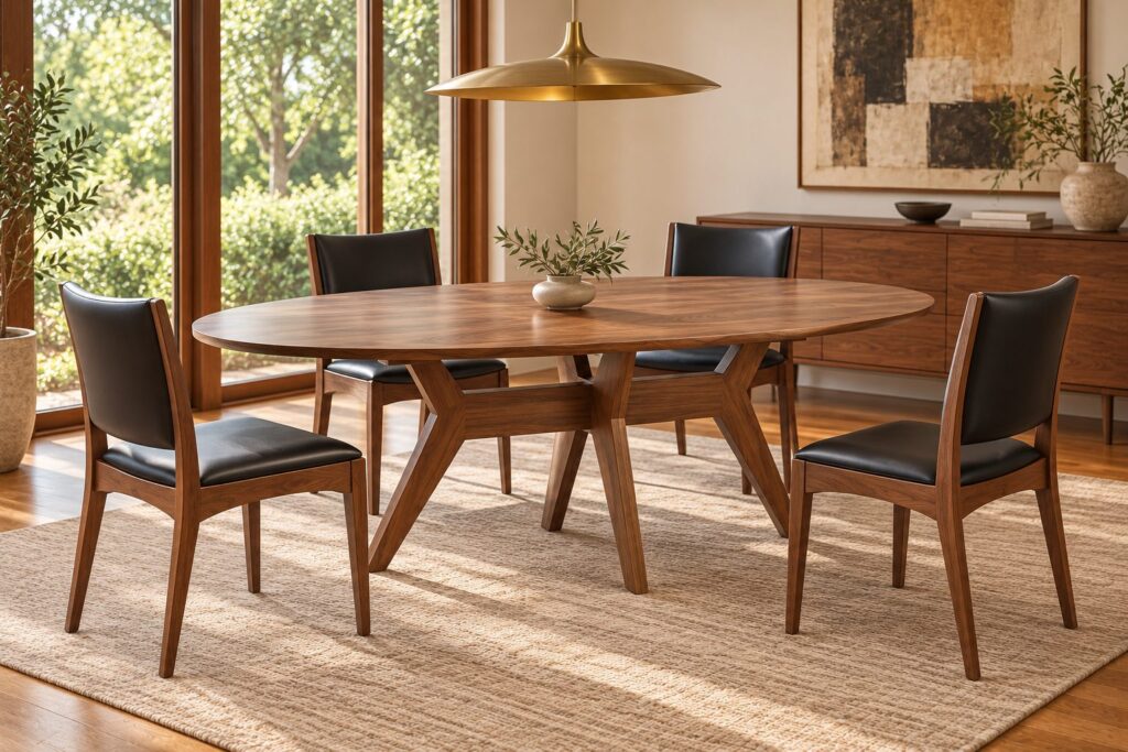 Mid-century modern oval walnut dining table on an angled trestle base, with four walnut dining chairs in black leather.